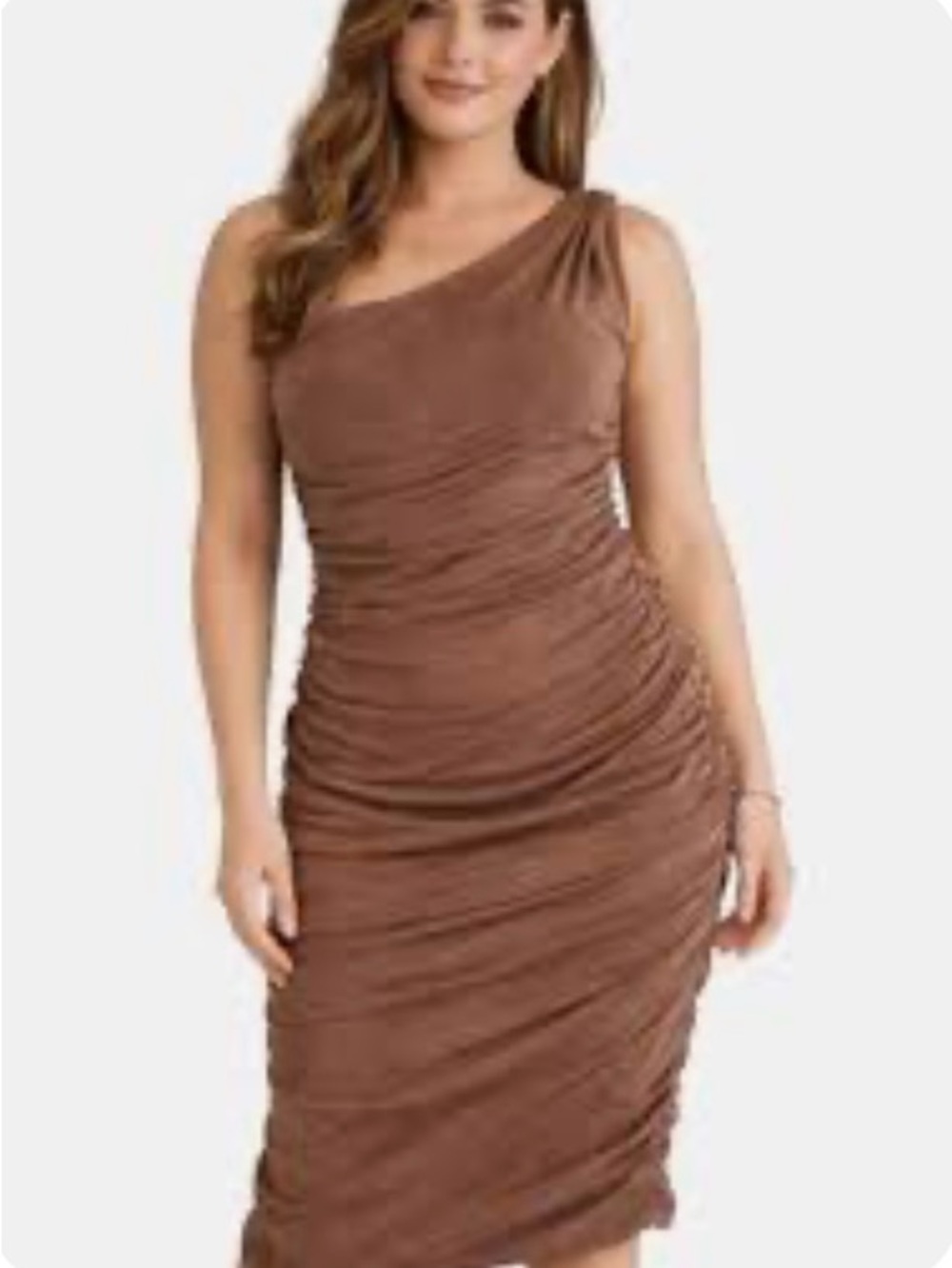 Fashion Nova One-Shoulder Ruched Tan/Brown Midi Dress